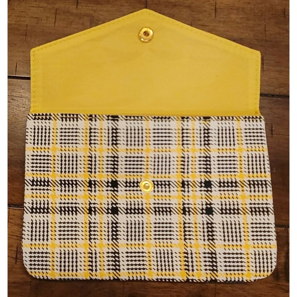 Ipsy Glam Bag Makeup Sept. 2021 Yellow Plaid GOLD button Foe Brown Leather flap - Picture 3 of 5